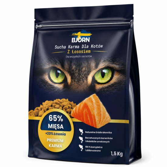 SUCHA KARMA DLA KOTA Z ŁOSOSIEM  65 % MIĘSA 1,5KG
